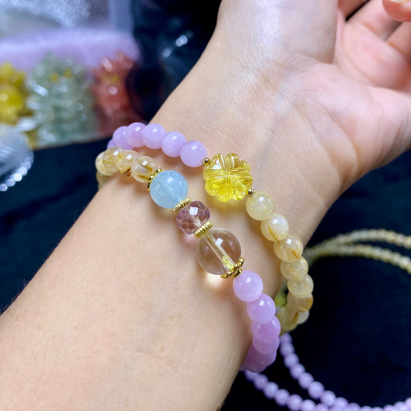 Kunzite+Golden Rutilated Quartz double circle bracelet