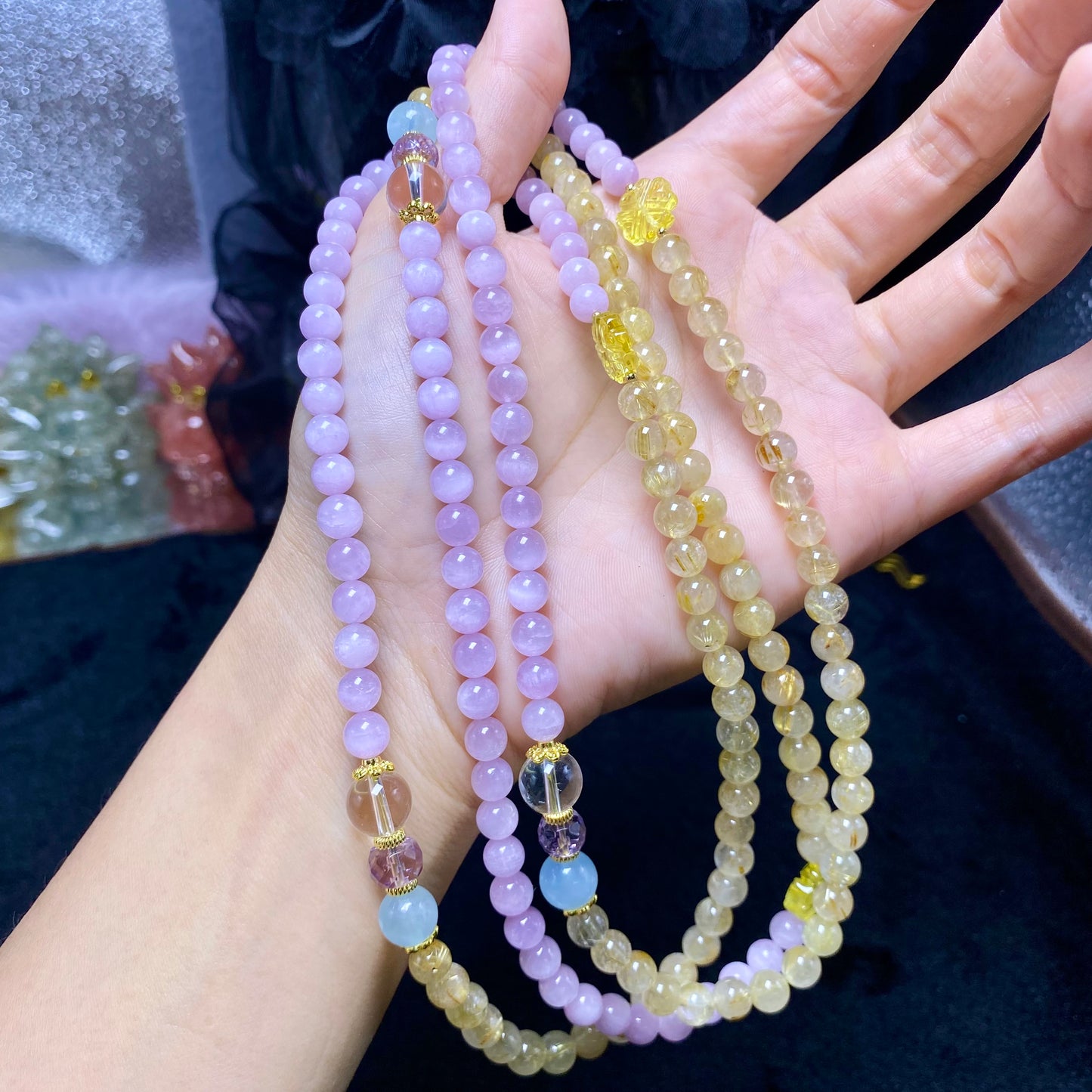 Kunzite+Golden Rutilated Quartz double circle bracelet