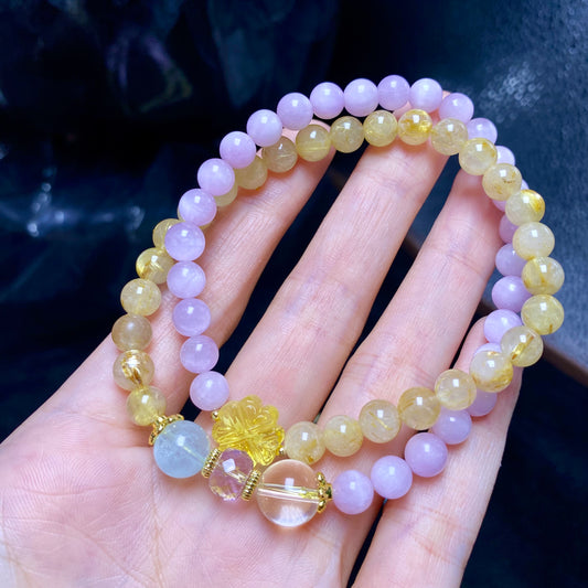 Kunzite+Golden Rutilated Quartz double circle bracelet
