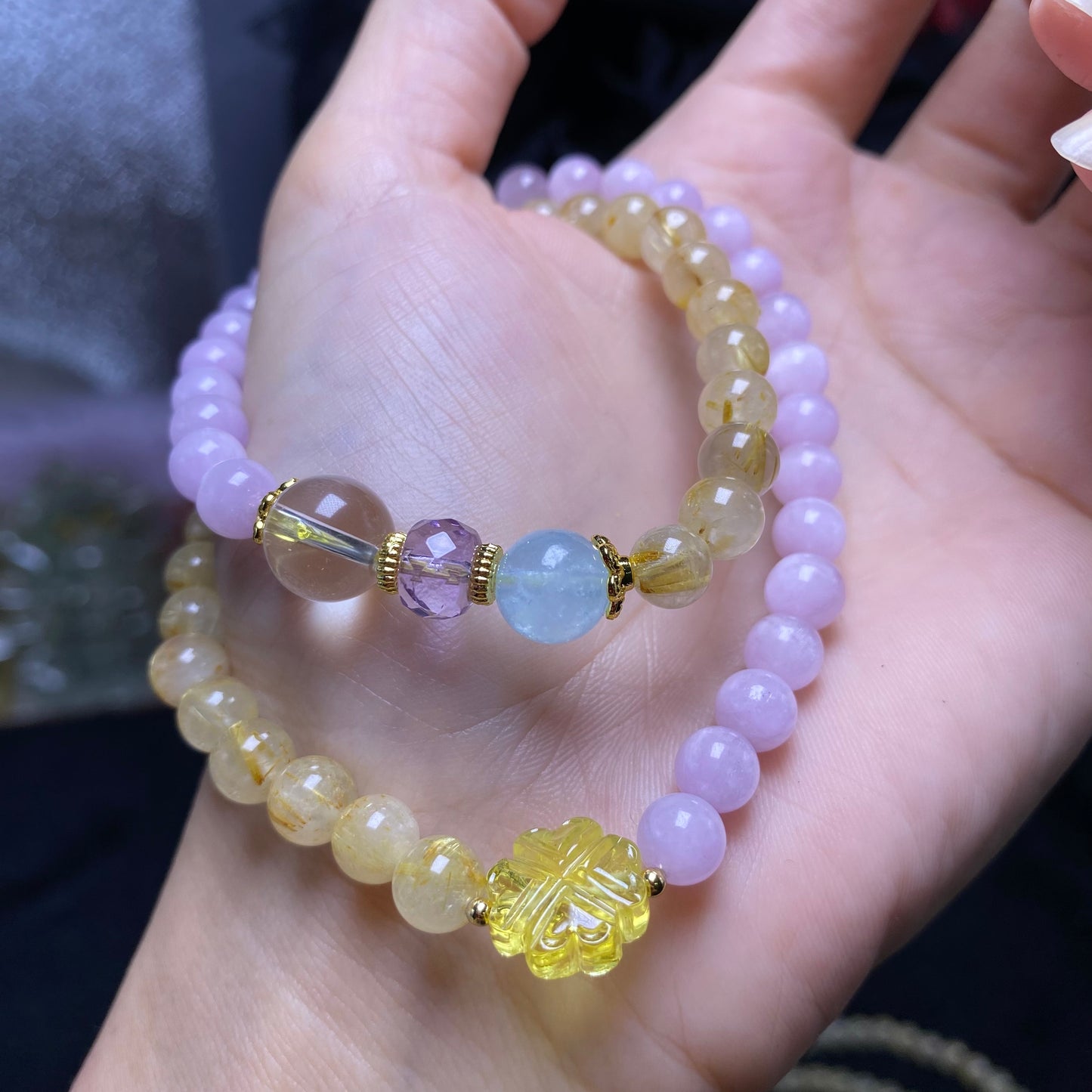 Kunzite+Golden Rutilated Quartz double circle bracelet