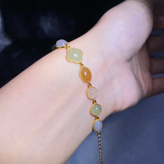 【Hetian Jade+S925】Four-Leaf Clover Multi-Gem Bracelet